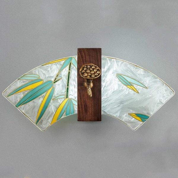 Traditional Chinese Walnut Copper Acrylic Scalloped Hand Enameling Painting Lotus Bamboo Leaf LED Wall Sconce Lamp For Bedside