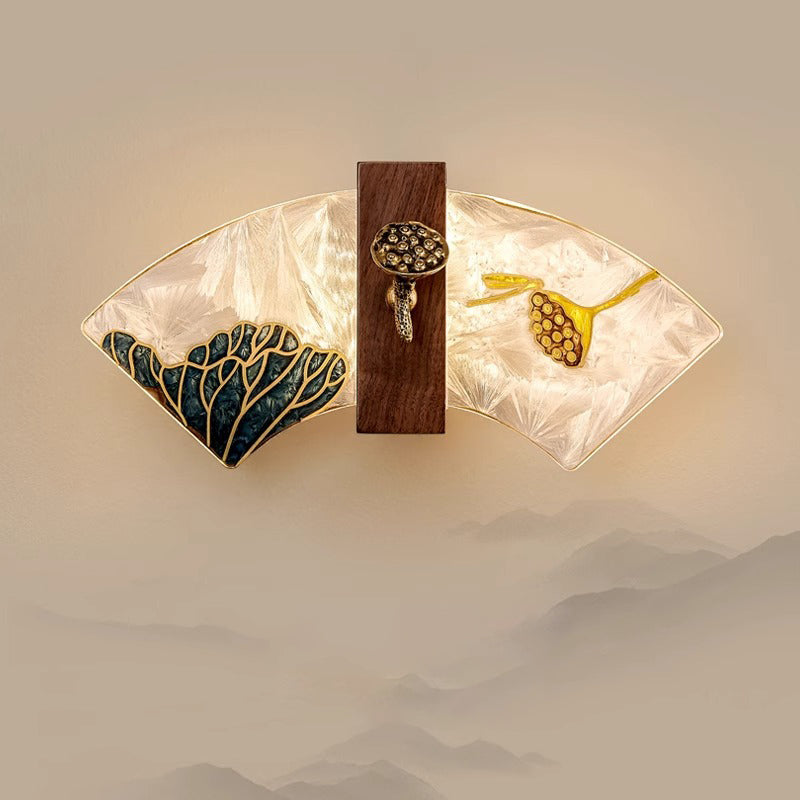 Traditional Chinese Walnut Copper Acrylic Scalloped Hand Enameling Painting Lotus Bamboo Leaf LED Wall Sconce Lamp For Bedside