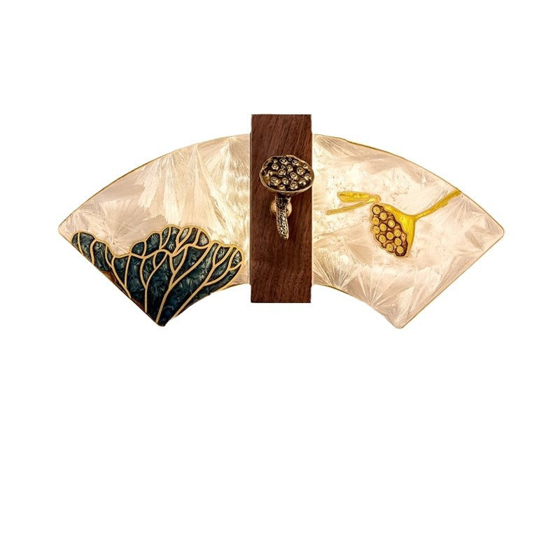 Traditional Chinese Walnut Copper Acrylic Scalloped Hand Enameling Painting Lotus Bamboo Leaf LED Wall Sconce Lamp For Bedside
