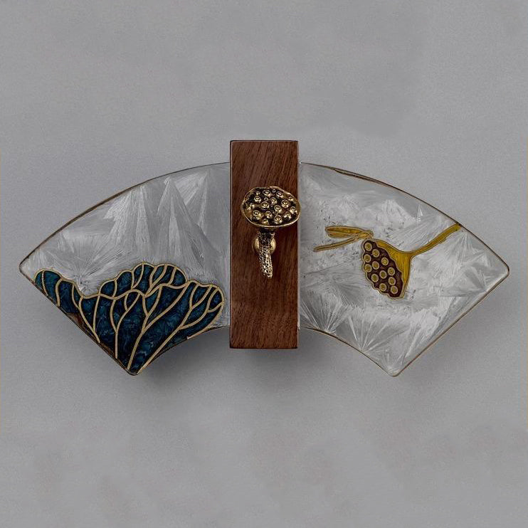 Traditional Chinese Walnut Copper Acrylic Scalloped Hand Enameling Painting Lotus Bamboo Leaf LED Wall Sconce Lamp For Bedside