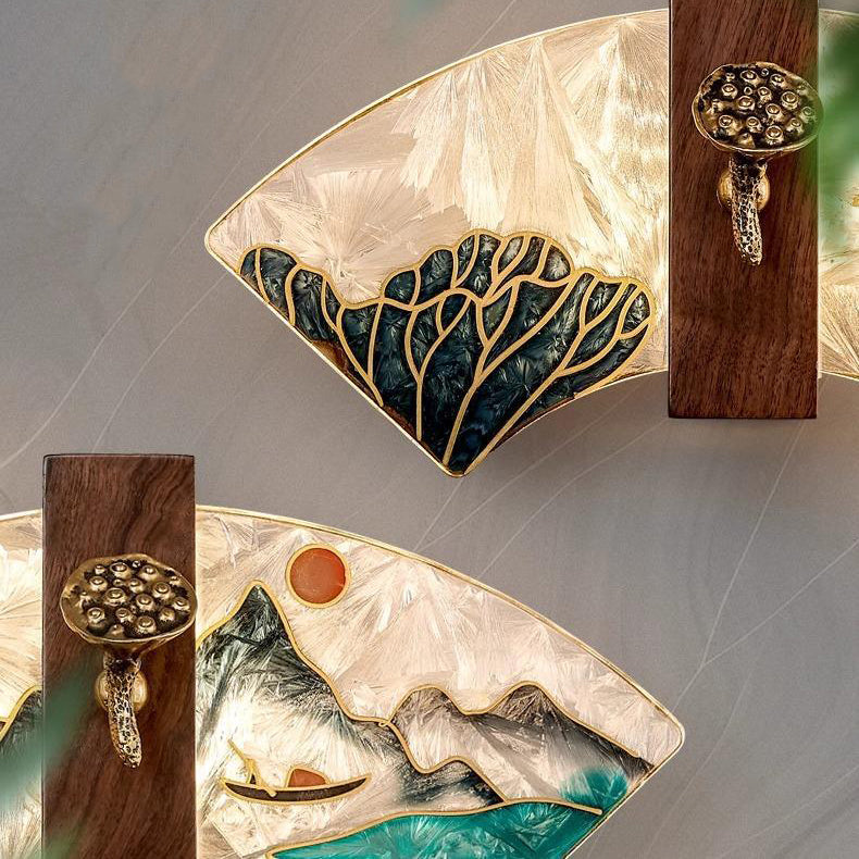 Traditional Chinese Walnut Copper Acrylic Scalloped Hand Enameling Painting Lotus Bamboo Leaf LED Wall Sconce Lamp For Bedside