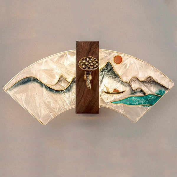 Traditional Chinese Walnut Copper Acrylic Scalloped Hand Enameling Painting Lotus Bamboo Leaf LED Wall Sconce Lamp For Bedside