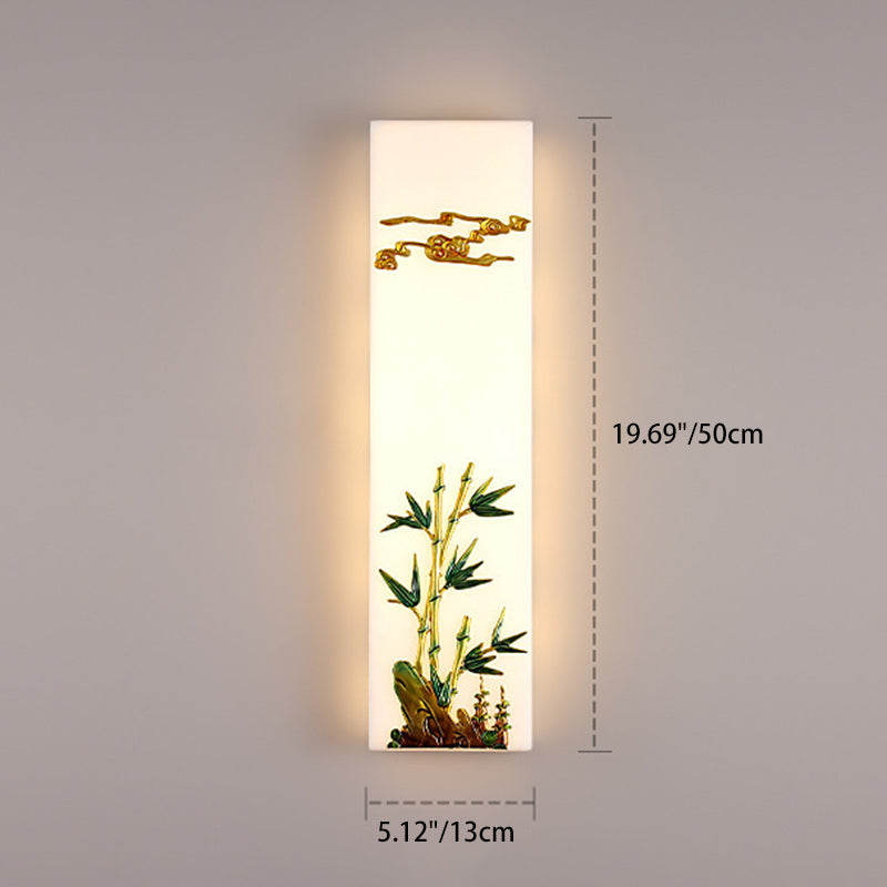 Traditional Chinese Resin Imitation Marble Zinc Alloy Enamel Rectangular Bamboo Flower Pine Tree LED Wall Sconce Lamp For Bedside