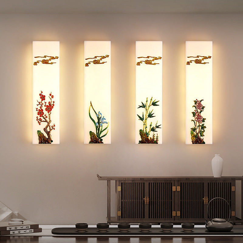 Traditional Chinese Resin Imitation Marble Zinc Alloy Enamel Rectangular Bamboo Flower Pine Tree LED Wall Sconce Lamp For Bedside