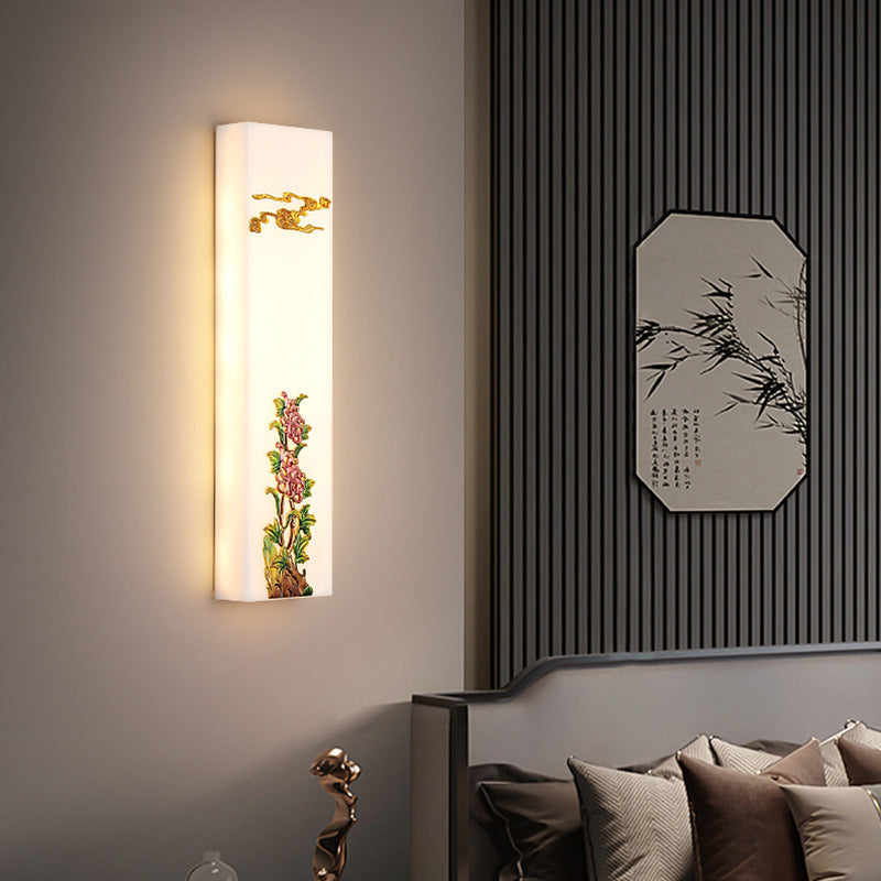 Traditional Chinese Resin Imitation Marble Zinc Alloy Enamel Rectangular Bamboo Flower Pine Tree LED Wall Sconce Lamp For Bedside