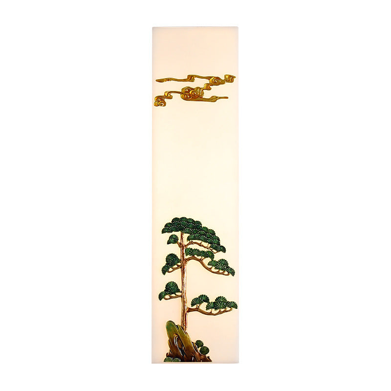 Traditional Chinese Resin Imitation Marble Zinc Alloy Enamel Rectangular Bamboo Flower Pine Tree LED Wall Sconce Lamp For Bedside