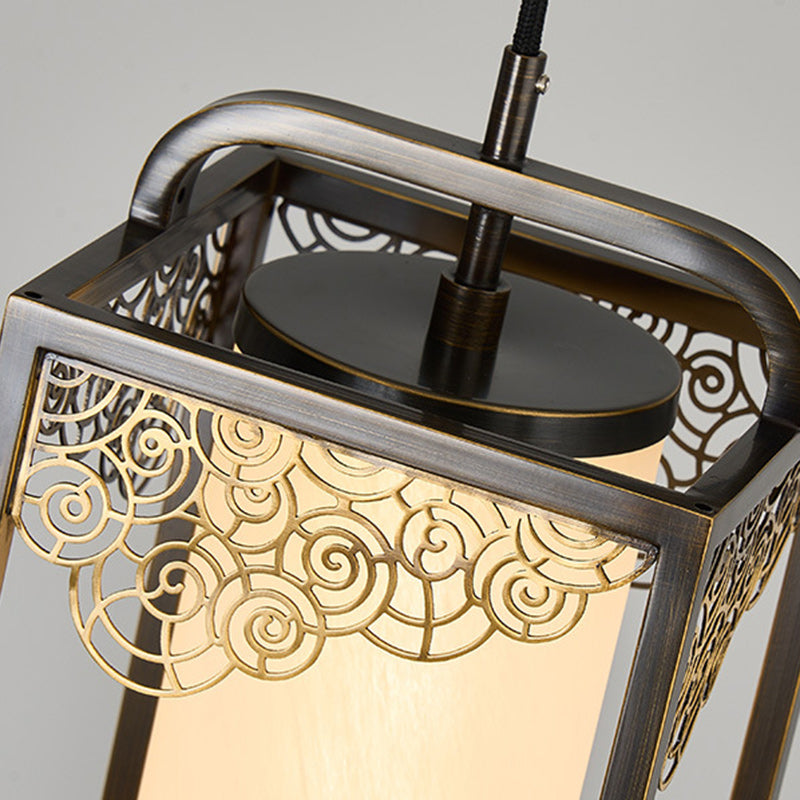 Traditional Chinese Copper Glass Cylinder Carved Auspicious Cloud LED Pendant Light For Bedside