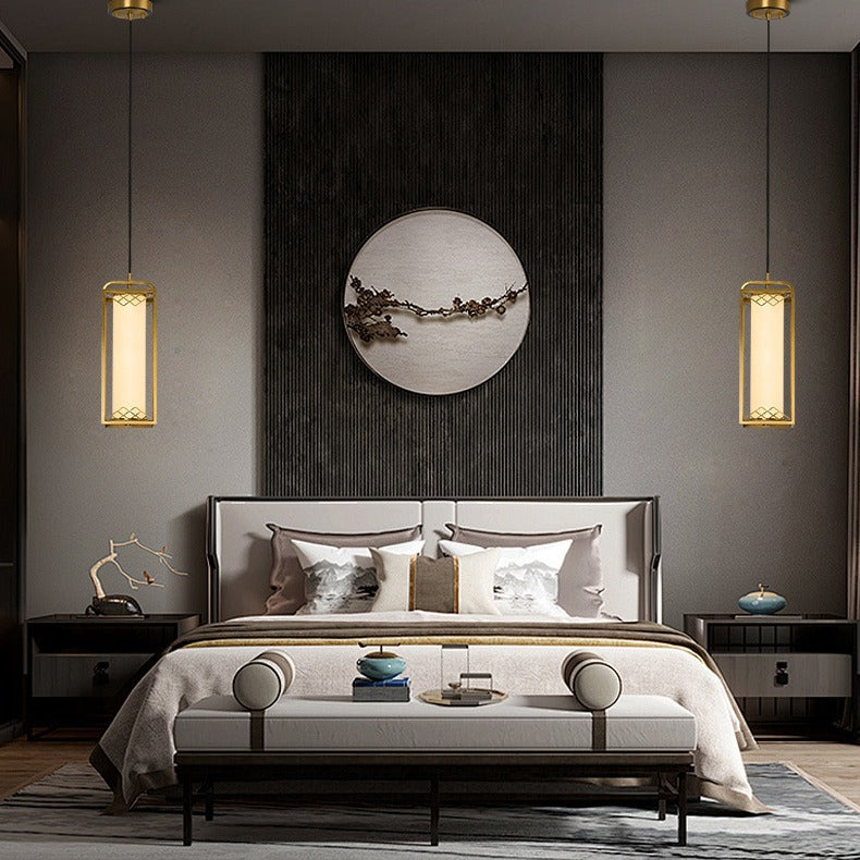 Traditional Chinese Copper Glass Cylinder Carved Auspicious Cloud LED Pendant Light For Bedside