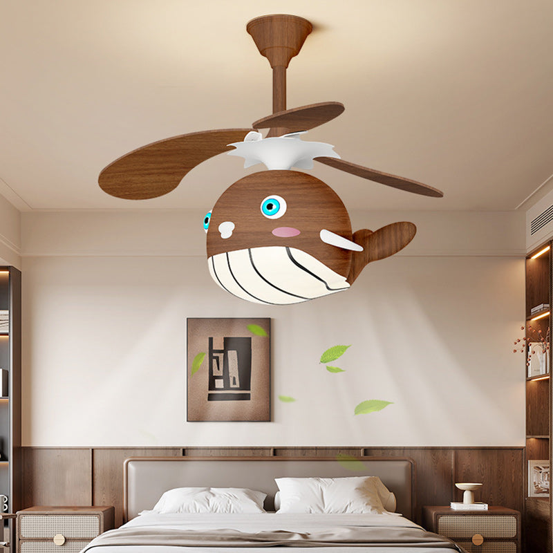 Contemporary Creative Kids Whale Dolphin Iron Wood ABS Acrylic LED Downrods Ceiling Fan Light For Bedroom