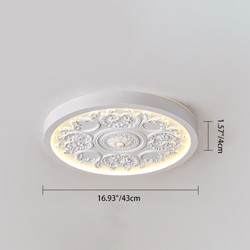 Traditional French Resin Iron Acrylic Round Engraved Flower LED Flush Mount Ceiling Light For Bedroom