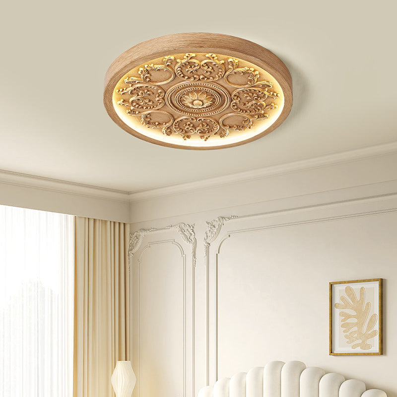 Traditional French Resin Iron Acrylic Round Engraved Flower LED Flush Mount Ceiling Light For Bedroom