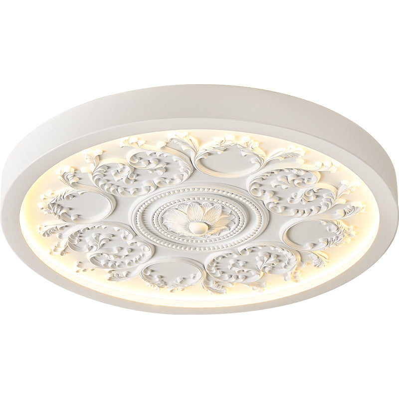 Traditional French Resin Iron Acrylic Round Engraved Flower LED Flush Mount Ceiling Light For Bedroom