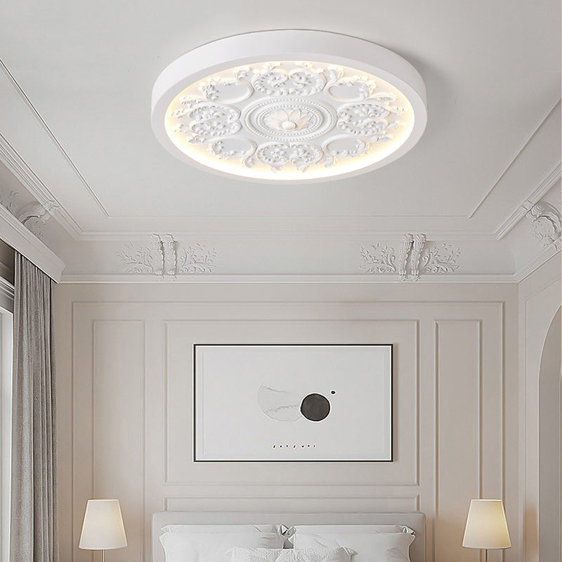 Traditional French Resin Iron Acrylic Round Engraved Flower LED Flush Mount Ceiling Light For Bedroom