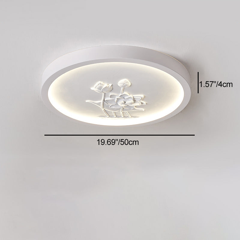 Traditional Chinese Resin Iron Acrylic Round Engraved Lotus Flower LED Flush Mount Ceiling Light For Bedroom