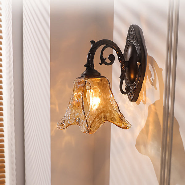 Contemporary Retro Floral Iron Glass Aluminum Alloy 1-Light Wall Sconce Lamp For Bedside