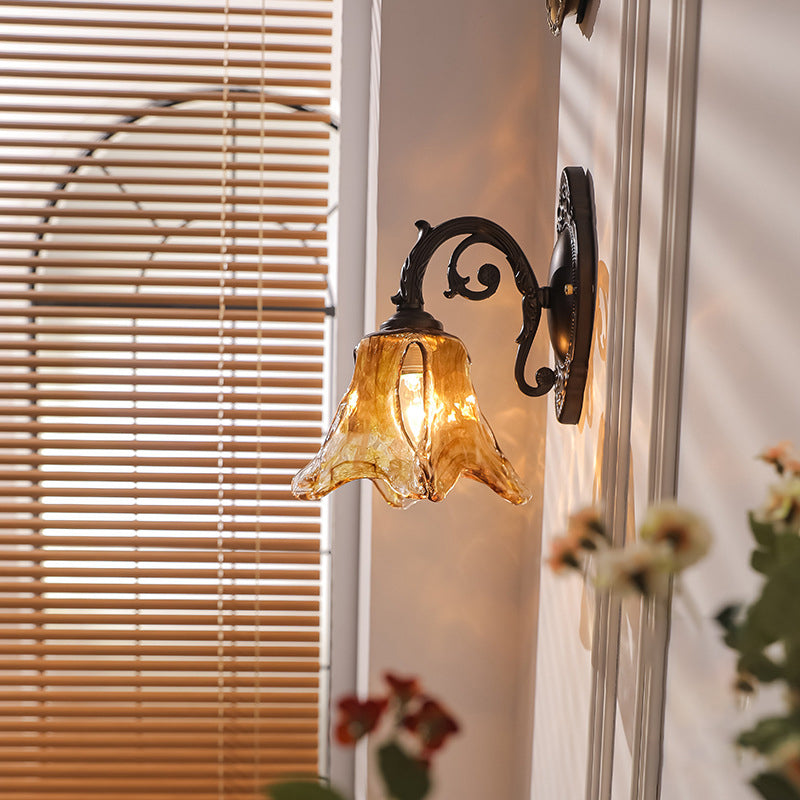 Contemporary Retro Floral Iron Glass Aluminum Alloy 1-Light Wall Sconce Lamp For Bedside