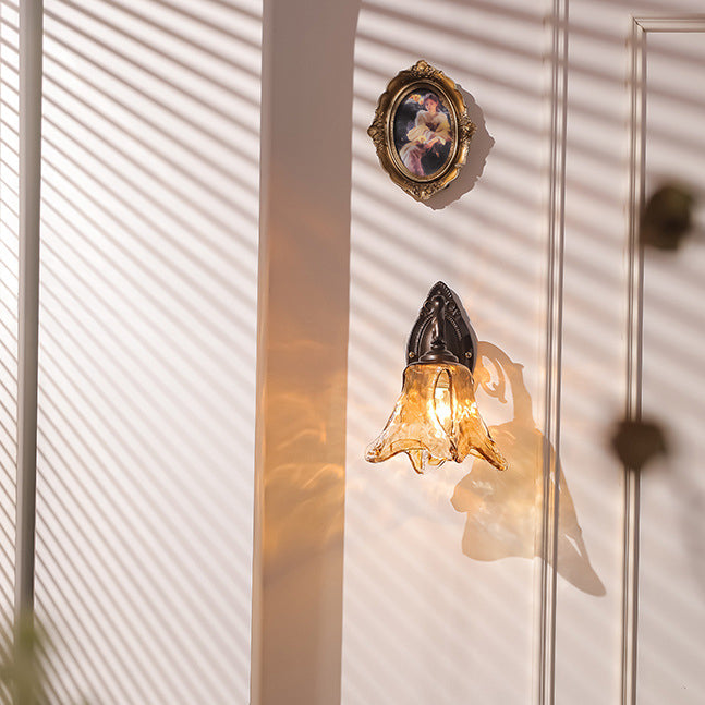 Contemporary Retro Floral Iron Glass Aluminum Alloy 1-Light Wall Sconce Lamp For Bedside
