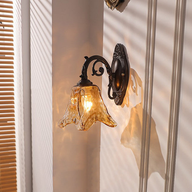Contemporary Retro Floral Iron Glass Aluminum Alloy 1-Light Wall Sconce Lamp For Bedside