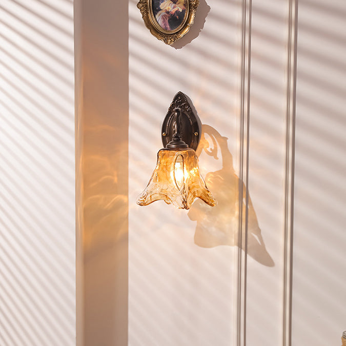 Contemporary Retro Floral Iron Glass Aluminum Alloy 1-Light Wall Sconce Lamp For Bedside