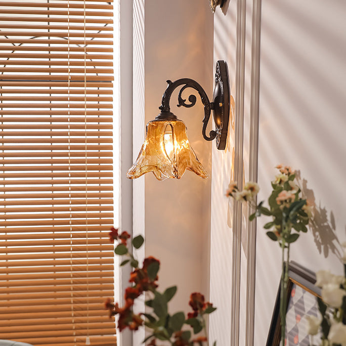 Contemporary Retro Floral Iron Glass Aluminum Alloy 1-Light Wall Sconce Lamp For Bedside