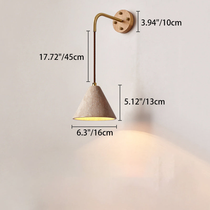 Traditional Japanese Travertine Wood Cylinder Conic Bowl Pull Switch 1-Light Wall Sconce Lamp For Bedside