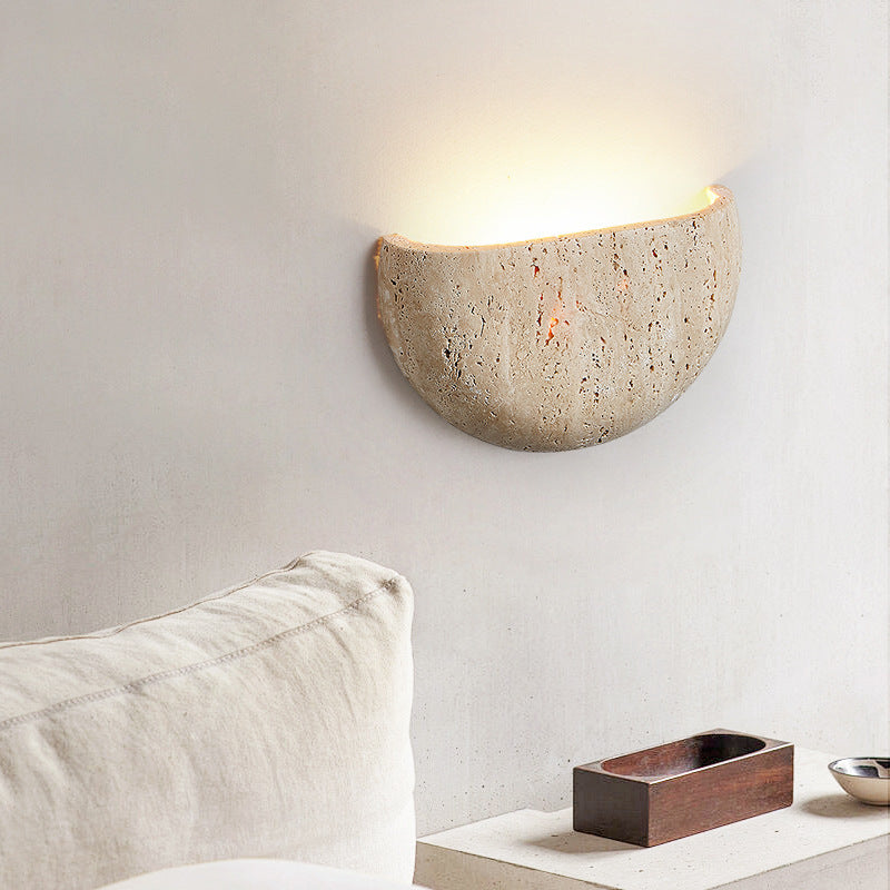 Traditional Japanese Travertine Semicircular 1-Light Wall Sconce Lamp For Hallway