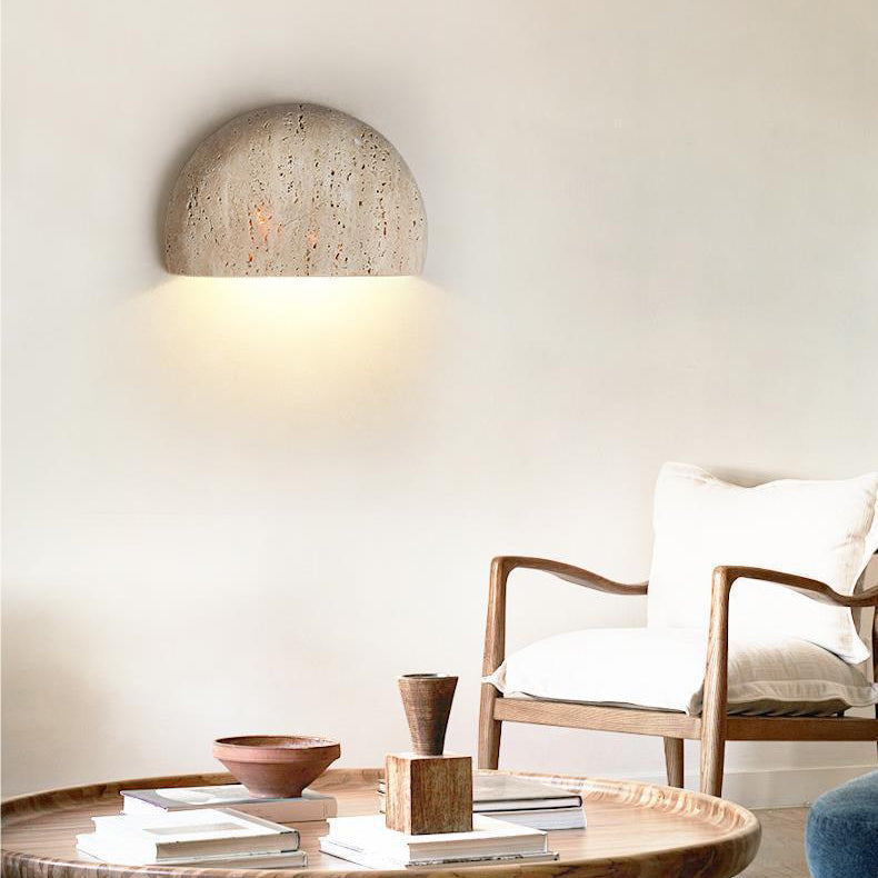 Traditional Japanese Travertine Semicircular 1-Light Wall Sconce Lamp For Hallway