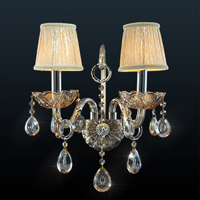 Traditional European Glass Fabric Crystal Goat's Horn Candlestick 1/2 Light Wall Sconce Lamp For Hallway