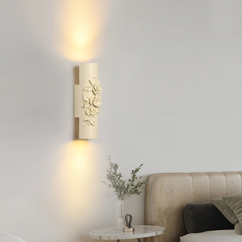 Traditional French Resin Hardware Candlestick Roman Column Carved Rose 1-Light Wall Sconce Lamp For Bedside