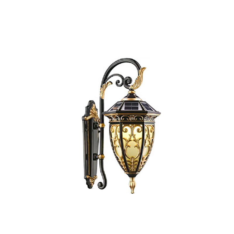 Traditional European Solar Waterproof Aluminum Glass Lantern Flower Mansion Pattern 1-Light LED Wall Sconce Lamp For Outdoor Patio
