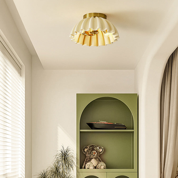 Traditional French Resin Metal Bowl Ruffle 2-Light Semi-Flush Mount Ceiling Light For Hallway