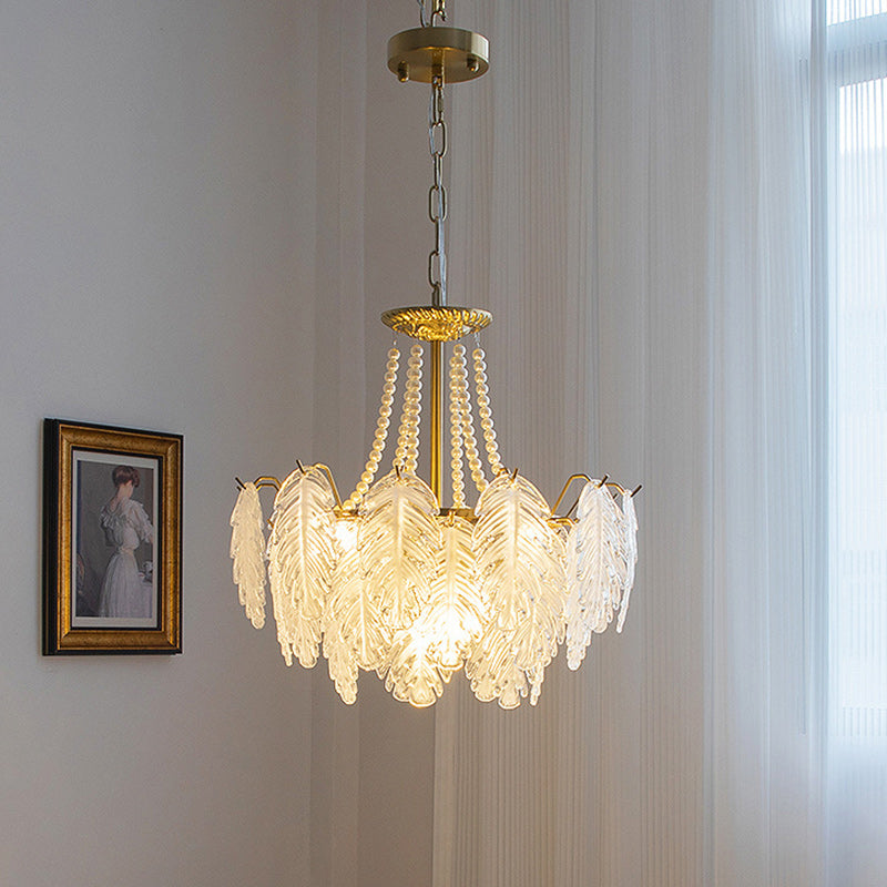 Traditional French Iron Glass Pearl Leaf Multilayered 3/6/9/12/16 Light Chandeliers For Bedroom