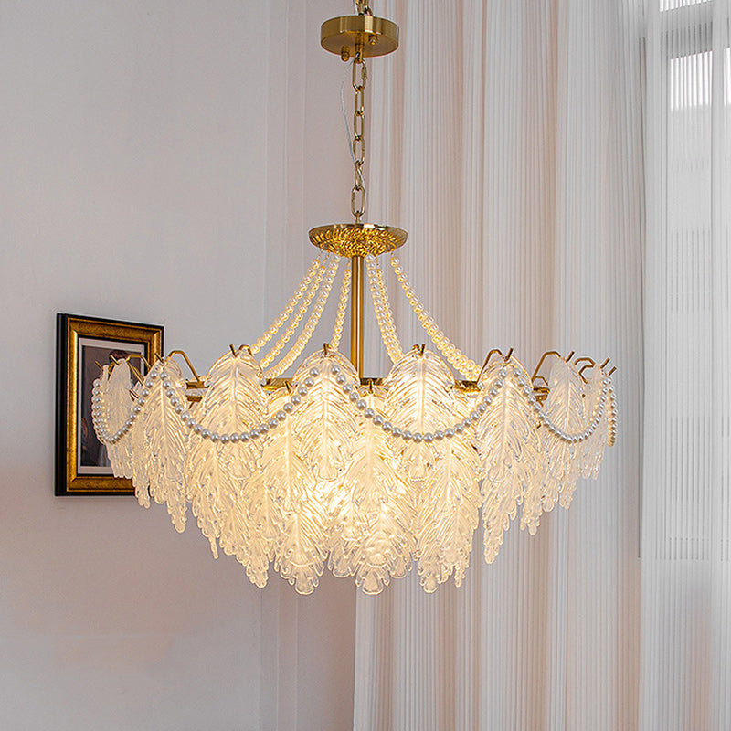 Traditional French Iron Glass Pearl Leaf Multilayered 3/6/9/12/16 Light Chandeliers For Bedroom