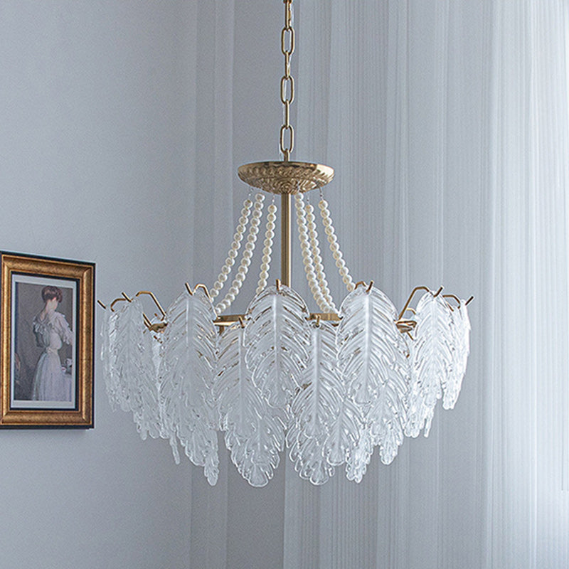 Traditional French Iron Glass Pearl Leaf Multilayered 3/6/9/12/16 Light Chandeliers For Bedroom