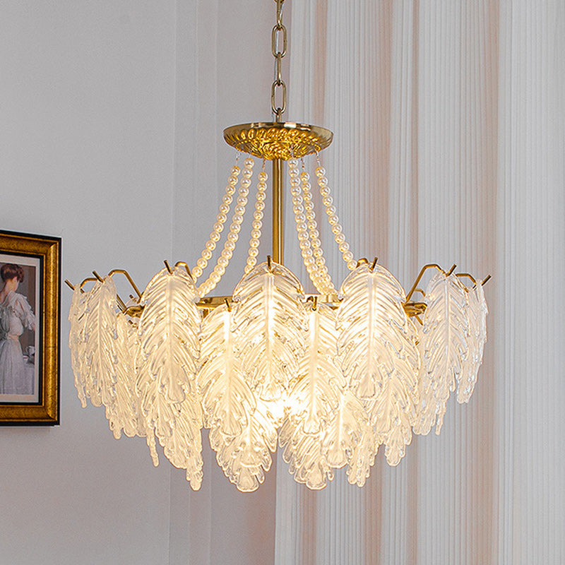 Traditional French Iron Glass Pearl Leaf Multilayered 3/6/9/12/16 Light Chandeliers For Bedroom