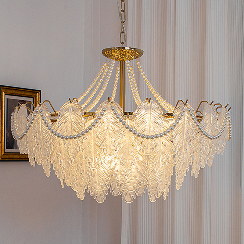 Traditional French Iron Glass Pearl Leaf Multilayered 3/6/9/12/16 Light Chandeliers For Bedroom