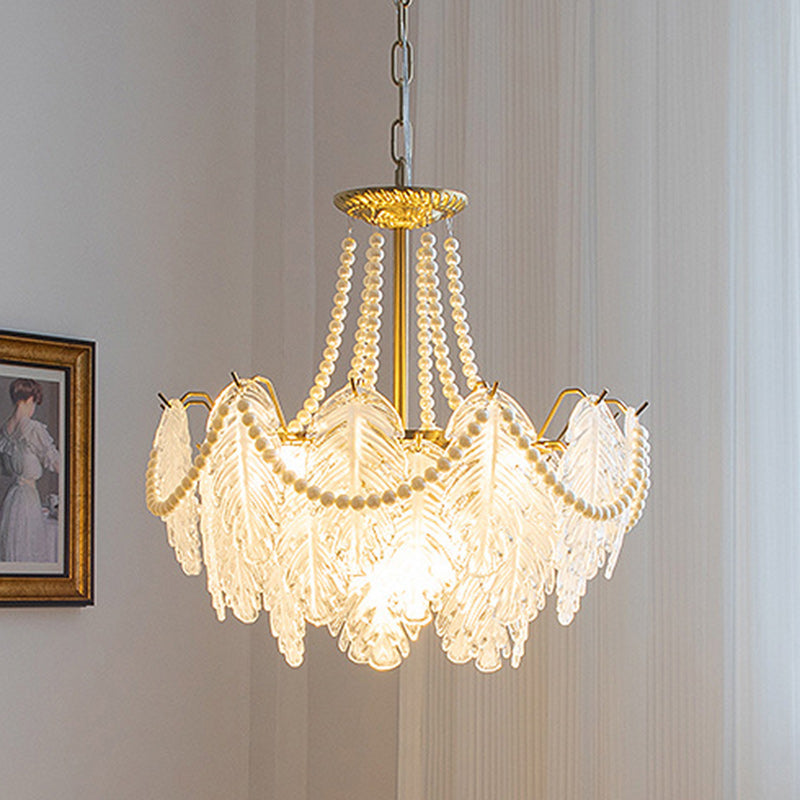 Traditional French Iron Glass Pearl Leaf Multilayered 3/6/9/12/16 Light Chandeliers For Bedroom