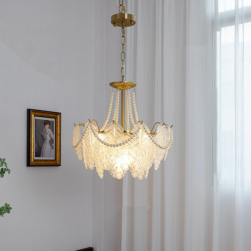 Traditional French Iron Glass Pearl Leaf Multilayered 3/6/9/12/16 Light Chandeliers For Bedroom