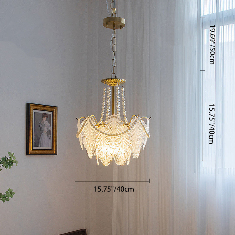 Traditional French Iron Glass Pearl Leaf Multilayered 3/6/9/12/16 Light Chandeliers For Bedroom