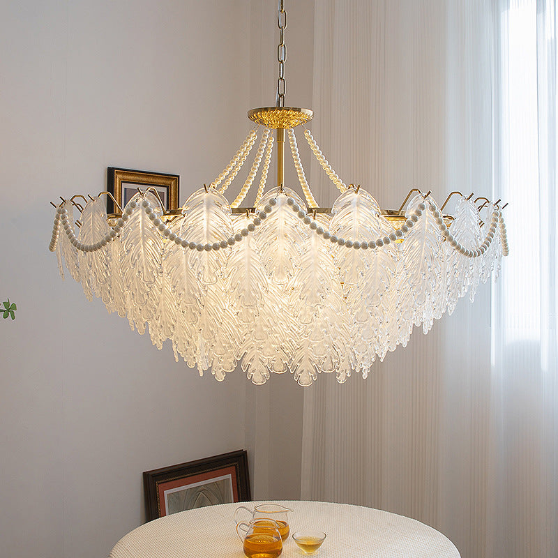 Traditional French Iron Glass Pearl Leaf Multilayered 3/6/9/12/16 Light Chandeliers For Bedroom