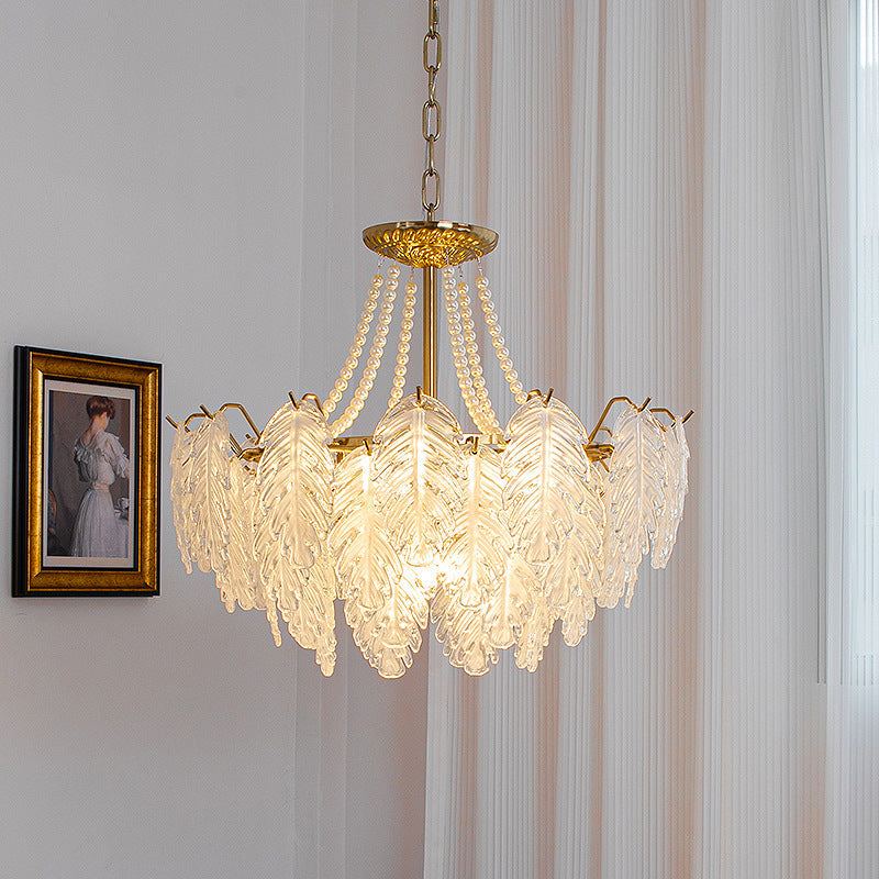 Traditional French Iron Glass Pearl Leaf Multilayered 3/6/9/12/16 Light Chandeliers For Bedroom