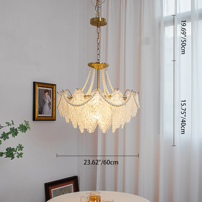 Traditional French Iron Glass Pearl Leaf Multilayered 3/6/9/12/16 Light Chandeliers For Bedroom