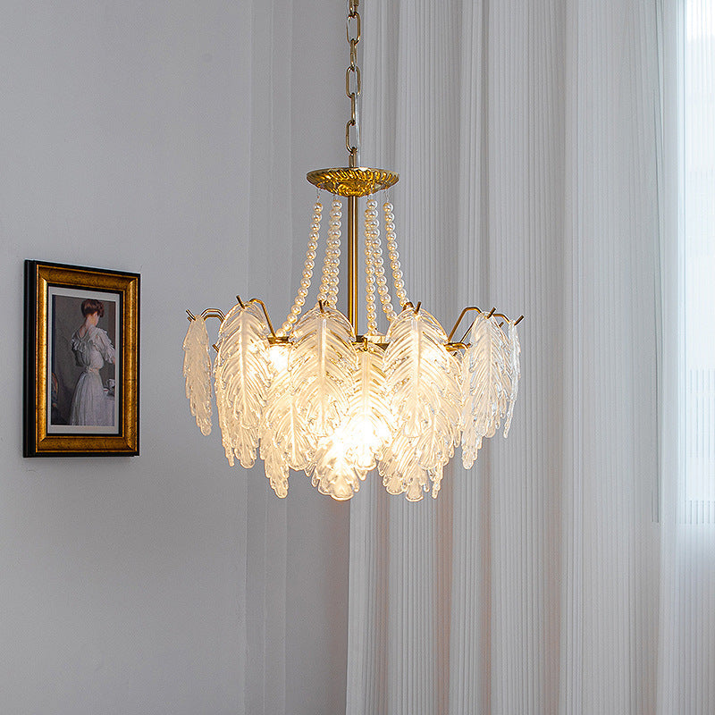 Traditional French Iron Glass Pearl Leaf Multilayered 3/6/9/12/16 Light Chandeliers For Bedroom