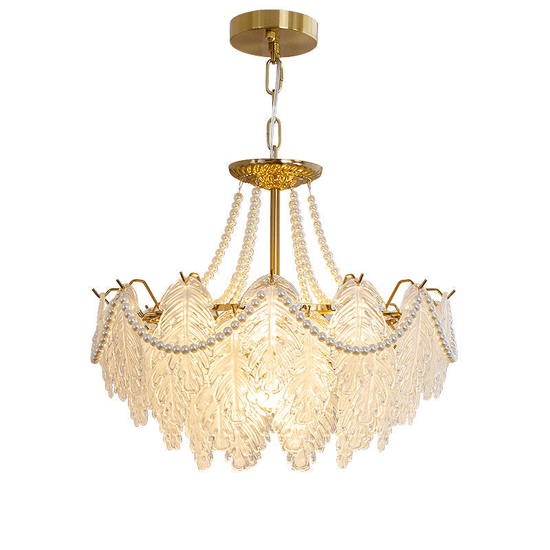 Traditional French Iron Glass Pearl Leaf Multilayered 3/6/9/12/16 Light Chandeliers For Bedroom