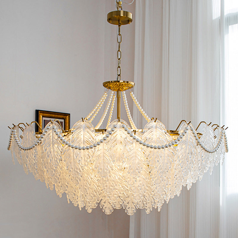 Traditional French Iron Glass Pearl Leaf Multilayered 3/6/9/12/16 Light Chandeliers For Bedroom