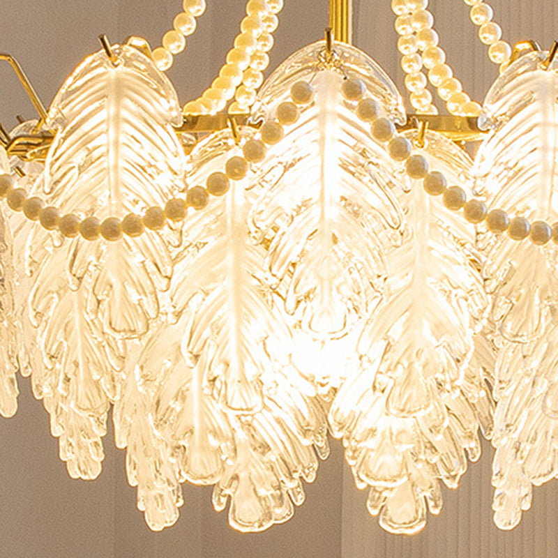 Traditional French Iron Glass Pearl Leaf Multilayered 3/6/9/12/16 Light Chandeliers For Bedroom