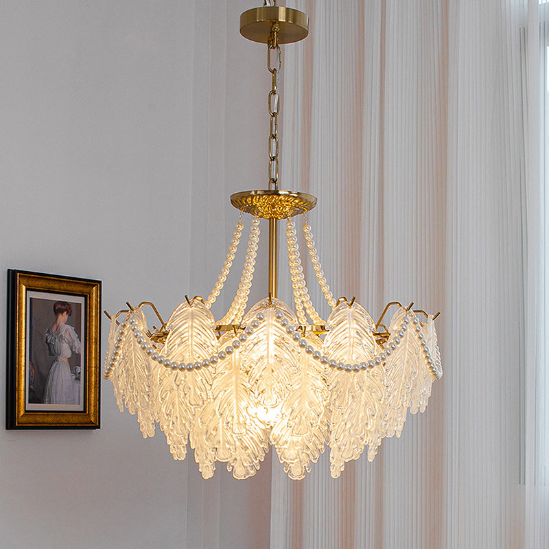 Traditional French Iron Glass Pearl Leaf Multilayered 3/6/9/12/16 Light Chandeliers For Bedroom