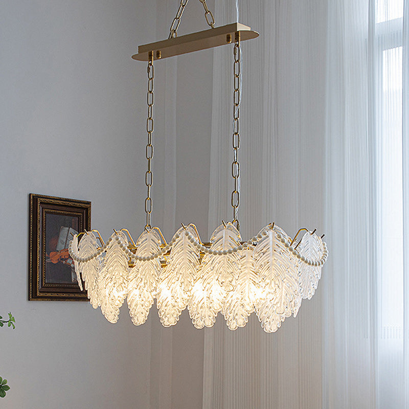 Traditional French Iron Glass Pearl Leaf 3 Tiers 6-Light Chandeliers Island Light For Dining Room