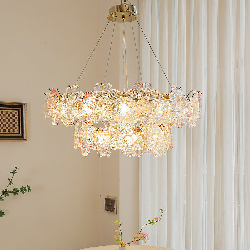 Traditional French Iron Stainless Steel Glass Flower 6/8/10/12/16/20 Light Chandeliers For Living Room