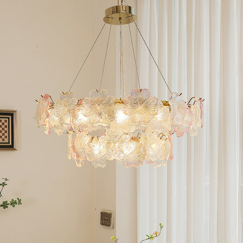 Traditional French Iron Stainless Steel Glass Flower 6/8/10/12/16/20 Light Chandeliers For Living Room